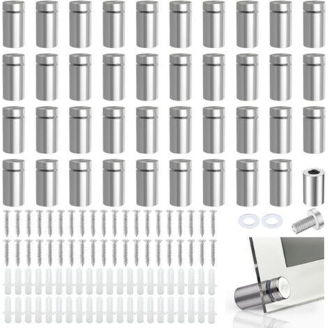 Glass spacers for wall mounting – Pack of 40 (12 × 25 mm), stainless steel, with wall plugs and screws included