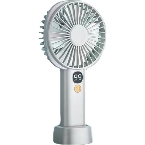 Ventilateur portable blanc, compact et pratique, rechargeable, puissant réglage à 5 vitesses, indicateur de niveau de batterie, avec base de bureau (1/5)