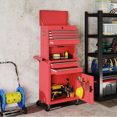 Servante d’atelier 60,5x33,5x131 cm en métal rouge, avec rangement pour garage FloraGrace (1/5)