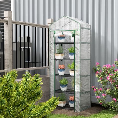 Serra da balcone/giardino a 5 ripiani, 0,69 x 0,49 x 1,93 m, struttura in acciaio, copertura rimovibile in PE bianco.