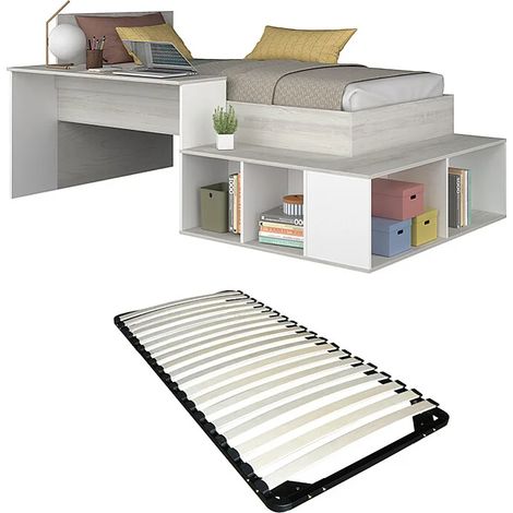 Letto combinato con vani portaoggetti e Scrivania 90 x 200 cm Naturale e Bianco + Rete - RIGALI (1/5)