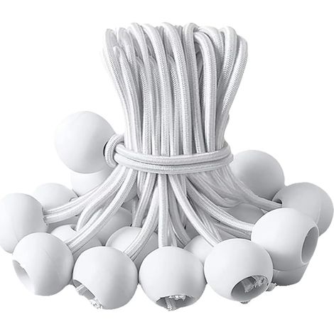 Paquete de 25 cuerdas elásticas de exterior de 15 cm con bolas, para lonas, toldos y tiendas de campaña – blancas