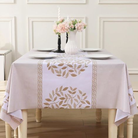 Nappe Étanche Impermeable en PVC Vinyle Plastique, Nappe Repassable, Couverture de Table 140x220cm Feuilles-Beige (1/4)