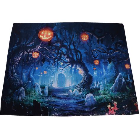 Décor de fond d'Halloween avec citrouille et lanterne dans un cimetière effrayant, idéal pour les photos de studio, les fêtes et les anniversaires (150 x 150 cm). (1/5)