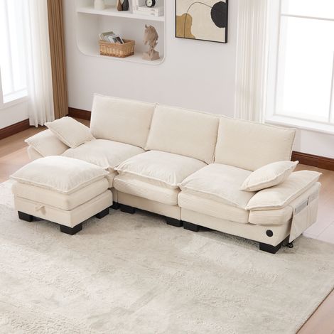 3-Sitzer Sofa 260x132x84 cm Beige Cord mit Hocker, USB-C-Anschluss und Seitentaschen (1/5)