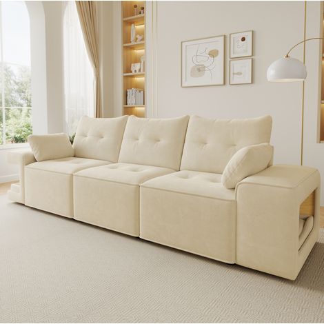 Sofá de 3 plazas 229.5x78x84 cm, con almacenamiento y nichos para mascotas, 2 cojines, terciopelo beige (1/5)