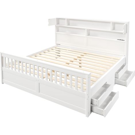 Struttura letto a piattaforma 180 x 200 cm bianca con ripiano, LED, USB e 4 cassetti MODENUIT (1/5)