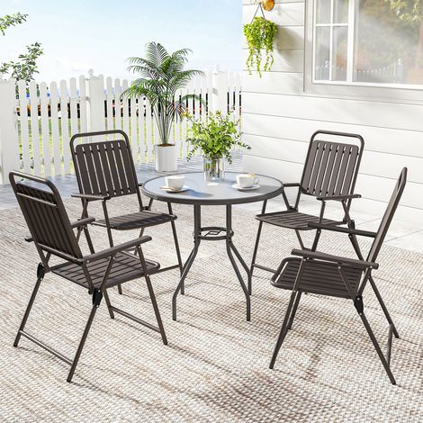 4er-Set klappbare Gartenstühle mit Armlehnen, Rückenlehne und Sitzfläche, Metallgestell, 55 x 63 x 93 cm, Braun