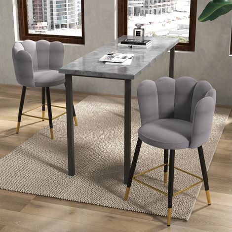 Ensemble de 2 tabourets de bar en velours avec repose-pieds et piètement en acier, 59 x 52 x 90 cm, gris (1/5)