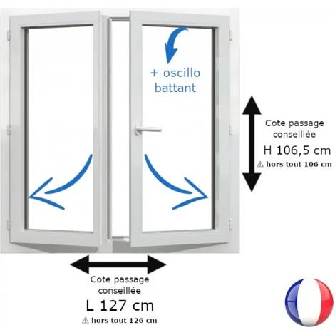 Fenêtre PVC blanc 2 vantaux hors tout H 126 x L 106 cm oscillo battant pour pose rénovation