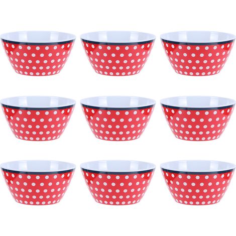 12-teiliges Salatschüssel-Set (15 cm Durchmesser), Servierset in Porzellan-Imitation, Design mit rotem Punkt (1/5)