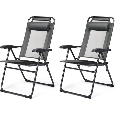 GOPLUS Lot de 2 Chaises de Jardin Inclinables à 7 Niveaux, Chaise Pliante avec Appui-tête Amovible & Siège Large,Charge 136 KG,Gris (1/5)