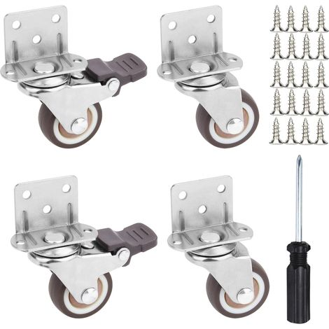 32mm Roulettes pour Meubles Lot de 4 (2 avec Frein), Platine de Fixation en L Charge 80kg, Roues en Caoutchouc TPE Silencieuses pour Table Basse, Support Plantes - Incl. Tournevis et Vis (1/5)