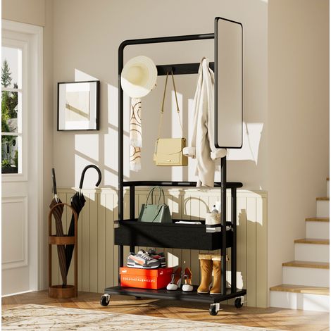 Appendiabiti 70x40x170 cm nero 3 in 1 con specchio, cestello e ruote, metallo MEUBLIV (1/5)