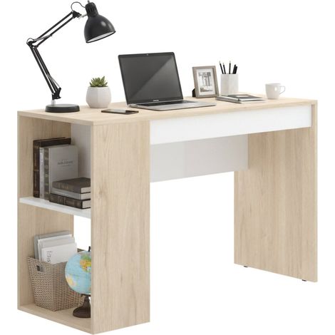 Dmora - Scrivania Grigna, Scrittoio multiuso da ufficio o cameretta, Tavolo da studio lineare con scaffali, 115x50h74 cm, Rovere e Bianco, con imballo rinforzato
