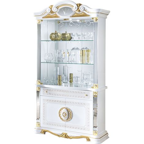 Les Tendances – Vitrine 4 portes 1 tiroir – Bois laqué brillant blanc et doré – Dimensions L 105 x H 213 x P 48 cm – 2 portes vitrées en cristal