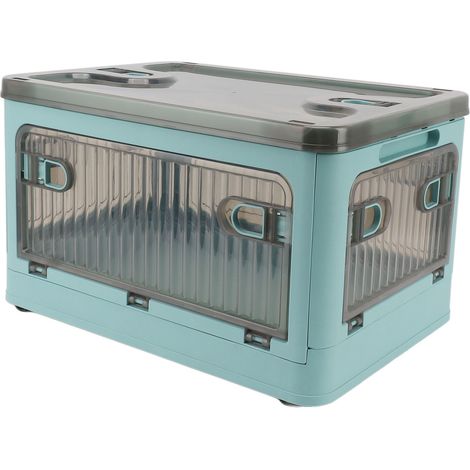 Petite boîte de rangement pliable en plastique, empilable, avec couvercle, bleue, idéale pour organiser vos placards. (1/5)