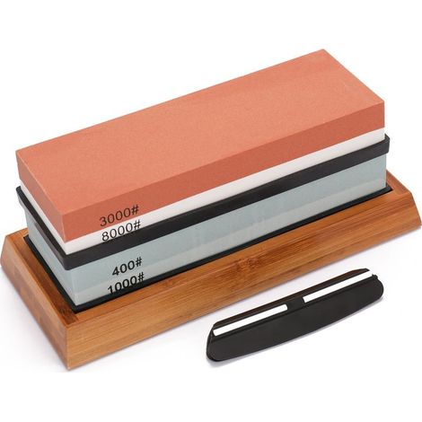 Zoternen – Pierre à aiguiser double face 400/1000 et 3000/8000 – Grain fin – Kit complet avec support en bambou et guide d'angle – Pour affûtage précis (1/5)