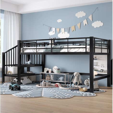 Lit mezzanine 90x200 avec escalier de rangement noir OKMYHOME (1/5)