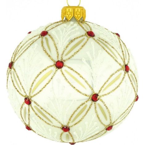 Pallina di Natale in vetro bianca con decorazioni dorate e brillanti rossi da 10 cm (1/4)