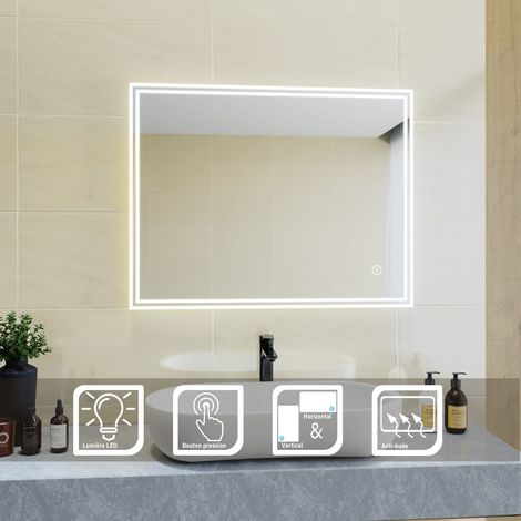 Sirhona – Miroir lumineux de salle de bain 90x70 cm – Éclairage LED blanc 6400K – Interrupteur tactile – Anti-buée – Installation horizontale/verticale