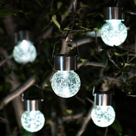 Lot de 8 lustres solaires en forme de boule de verre à LED, éclairage d'extérieur en rotin, luminaires d'ambiance suspendus pour jardin (lumière blanche froide)