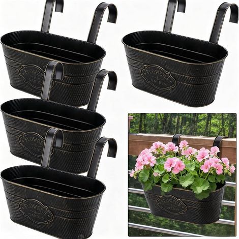 Lot de 4 Jardinières Suspendues Pots de Fleurs Exterieur en Métal avec Crochets Métalliques Amovibles pour Plantes, Balcon, Jardin (1/5)