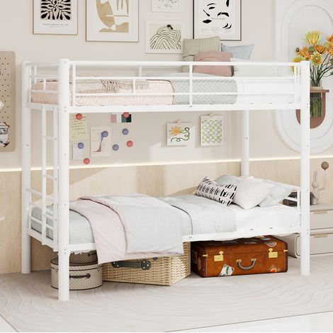 Lit superposé 90 x 200 cm en métal blanc avec échelle sécurisée, convertible en 2 lits (1/5)