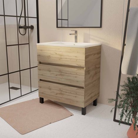 Mobile da bagno 70 cm Decor Rovere Naturale con 3 cassetti e Lavabo in ceramica bianca