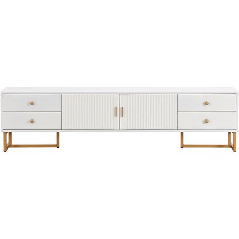 Meuble TV 175 cm blanc 4 tiroirs 2 portes pieds et poignées dorés