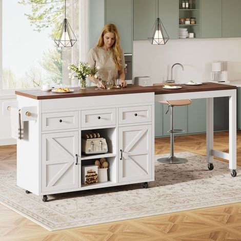 Îlot cuisine blanc modulable table à manger extensible 131,5-210 cm pivot 360°,tiroirs placards intégrés,plan de travail polyvalent.