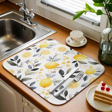 1 Tapis de séchage, microfibre absorbante, motif feuilles grises, réversible, pour comptoir de cuisine (1/5)