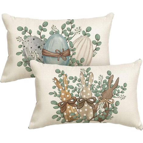 Lot de 2 housses de coussin décoratives pour canapé, salon, motif feuilles d'eucalyptus, lapin, œufs de Pâques, 30 x 50 cm (1/5)