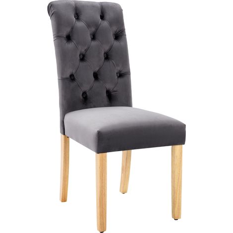 Lot de 6 chaises de salle à manger en velours gris avec pieds en chêne et détails sculptés (1/5)