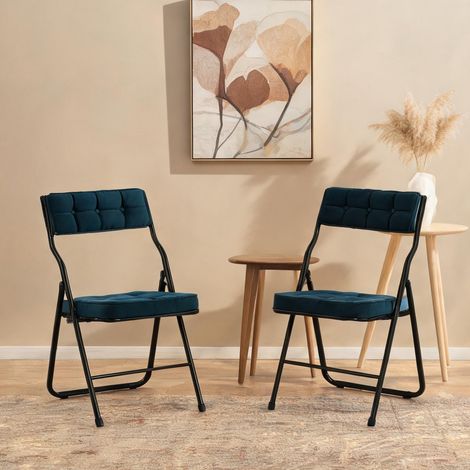 Lot de 2 chaises pliantes bleu velours avec coussin et dossier (1/5)