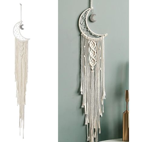 Grand attrape-rêves fait à la main en forme de lune, ornement mural à suspendre pour chambre à coucher, décoration de la maison, cadeau blanc (1/4)