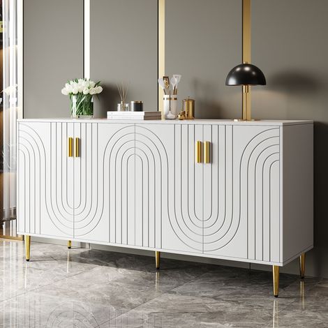 Sideboard (152 x 40 x 75 cm), design unique en forme de vague, poignées et pieds dorés- Blanc
