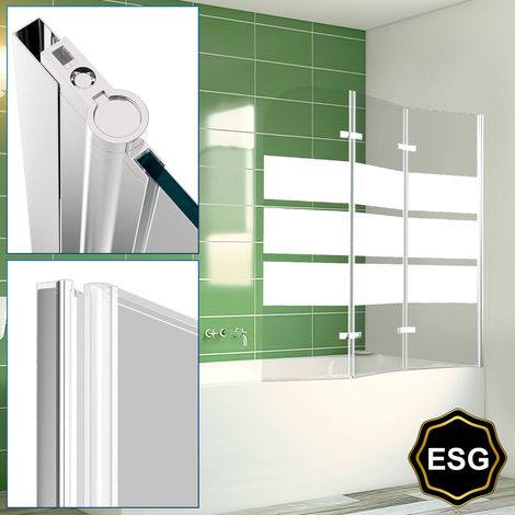 Wolketon Duschwand Badewanne 120 x 140 cm, 3-teilig faltbare Badewannenfaltwand, Badewannenaufsatz aus 6 mm ESG Sicherheitsglas, 180° schwenkbar, Weiße Streifen (1/5)
