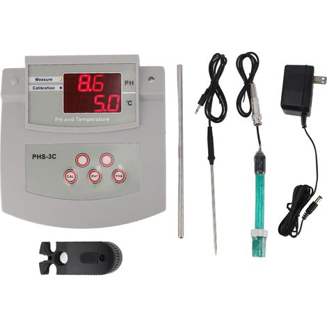 pHmetro da banco ad alta precisione con autocalibrazione 0,00-14,00 pH, ATC, display a LED, kit completo per acquari e piscine. (1/4)