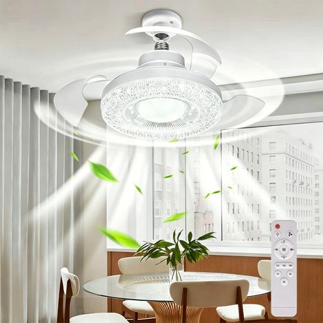 Fuleadture Ventilateur de plafond avec éclairage et télécommande, ventilateur intelligent moderne rétractable, 2400 lm, 3 couleurs, intensité variable, 4 vitesses, douille E27, éclairage LED silencieu