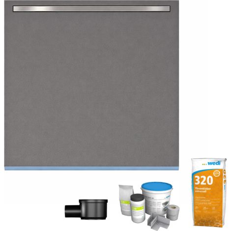 Receveur à carreler 90 x 90 cm Wedi Fundo Riolito Neo + barrette + bonde horizontale + kit d'étanchéité et colle 320