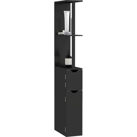 Columna de baño con 2 estantes y 2 armarios, armario alto que ahorra espacio, 15,2 x 29,8 x 118 cm, negro. (1/5)