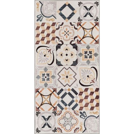 Tapis salle de bain 50 x 80 cm, motif géométrique, beige, gris, marron, pliable et idéal pour entrée, look graphique original, finition tissée durable