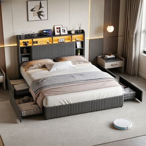 Lit coffre 140×200cm avec lumière LED, lit capitonné avec port USB, rangement dans la tête de lit, lit double avec tiroirs, rangement sous le lit,  Sommier à lattes, lit adulte，lit ados, Lin, Gris