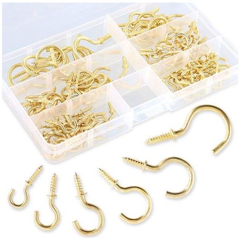 Pack of 120 screw-in metal ceiling hooks in 6 sizes, gold-plated self-tapping hooks for home/workplace/office (Q screws) (1/5)
