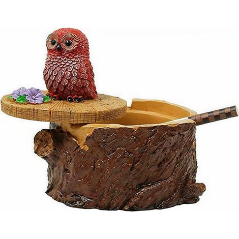 Cendrier en forme de souche de hibou avec couvercle, boîte de rangement en résine avec couvercle pour l'extérieur, cendrier naturel pour la maison et la forêt (1/5)