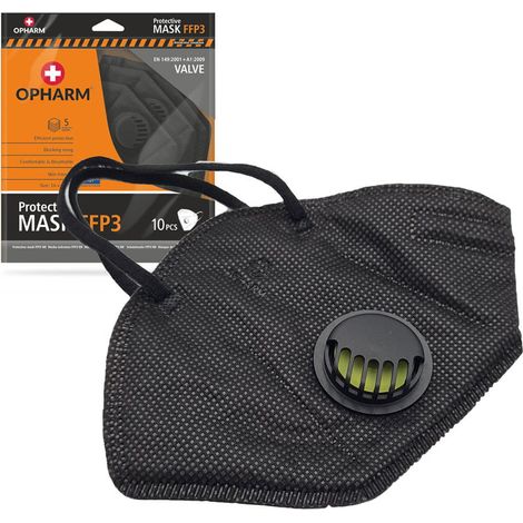 Mascarilla filtrante Opharm FFP3 con válvula y banda elástica, color negro, 10 uds. (1/5)