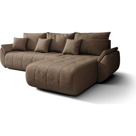 Canapé d’angle velours beige convertible avec coffre NOVA angle droit-Marron-angle droit (1/5)