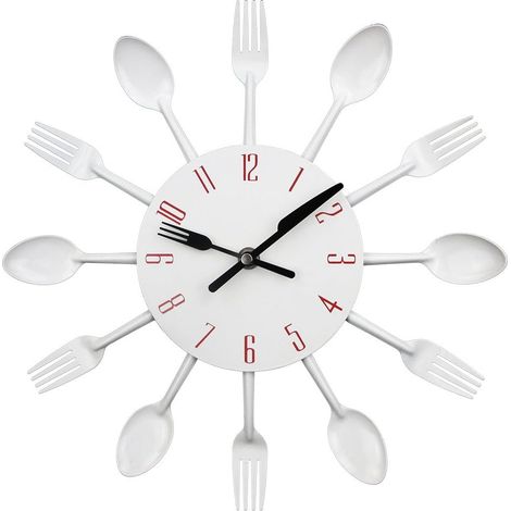 Horloge de cuisine à effet miroir avec cuillère et fourchette 32x32x4CM blanc, autocollant 3D amovible pour la décoration de la maison