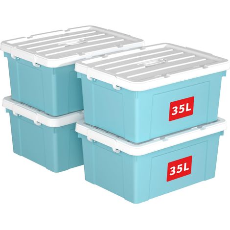 Boîte de Rangement, Bac de rangement avec Poignée, Plastique Organisateur avec Couvercle, Empilable, Transportable, pour Vêtements, Bureau, Chambre, Dortoirs, Bleu, 35L - Lot de 4 (1/5)